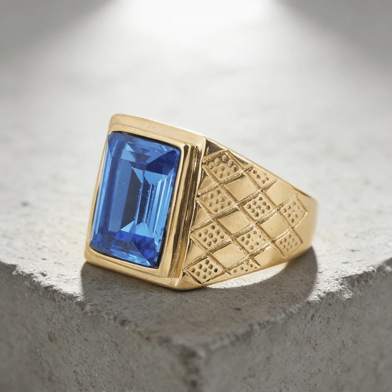 Bague Chevalière Saphir Homme Or Acier Inoxydable