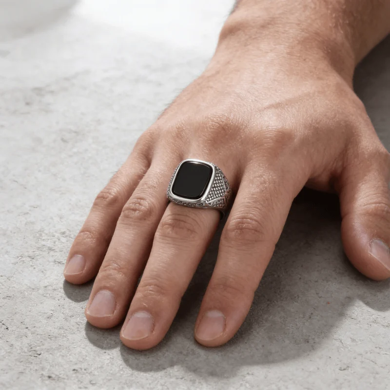 Grosse Chevalière Homme Onyx Argent