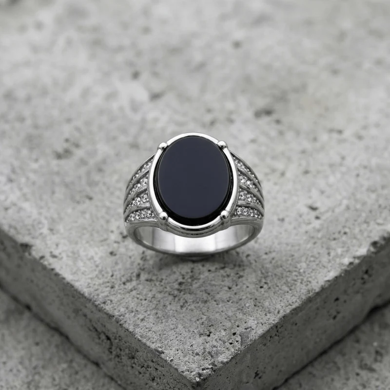 Chevalière Ovale Homme Onyx Acier Inoxydable