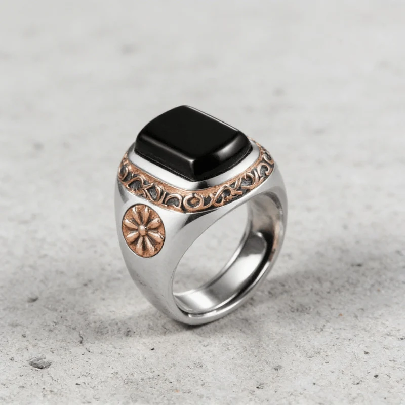Chevalière Homme Onyx Rosaces Or Rose
