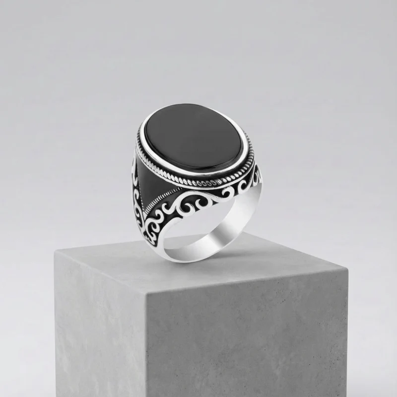 Chevalière Argent Onyx Homme Plateau Ovale