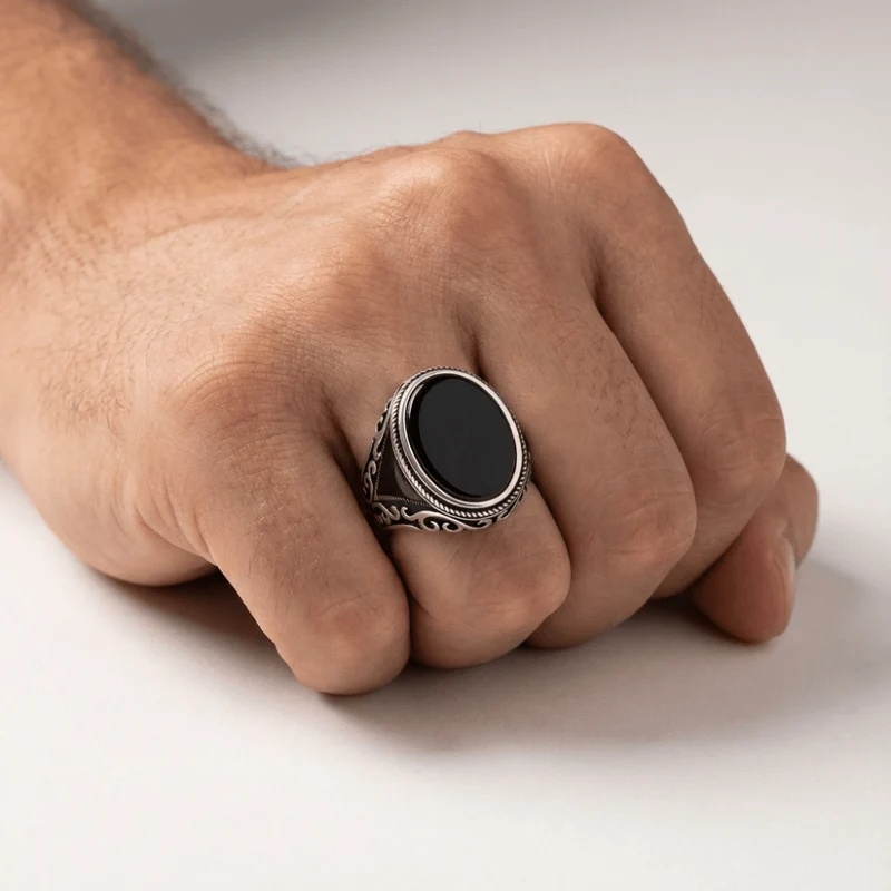Chevalière Argent Onyx Homme Plateau Ovale