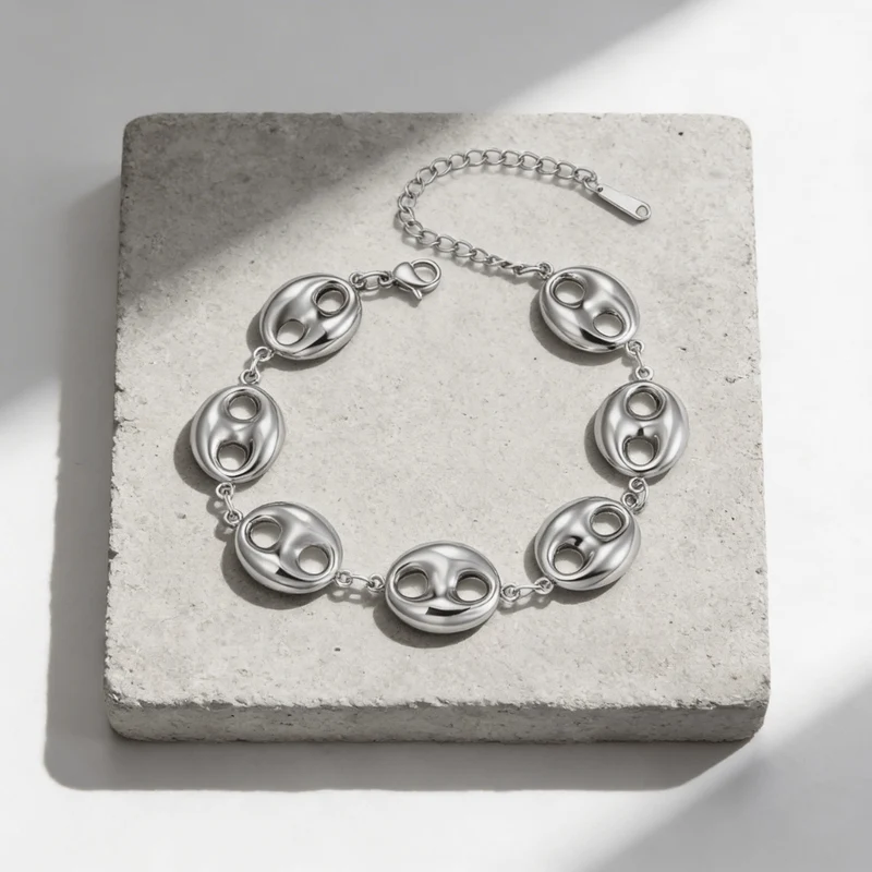 Bracelet Gourmette Graine de Café Homme Argent, Maillons Bombés