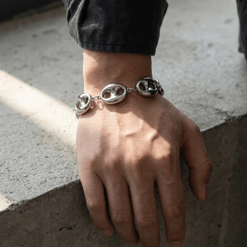 Bracelet Gourmette Graine de Café Homme Argent, Maillons Bombés
