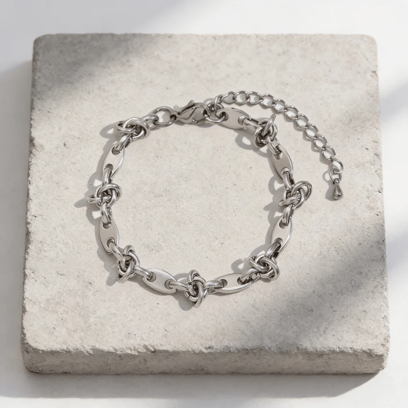 Bracelet Gourmette Grain de Café Maille Nœud Acier
