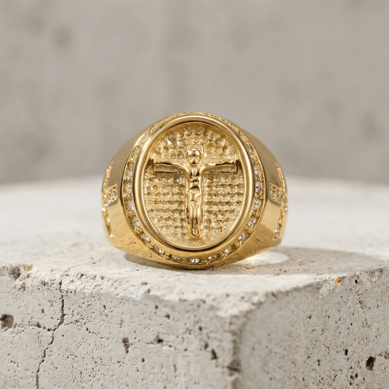 Bague Chevalière Plaqué Or Homme Croix