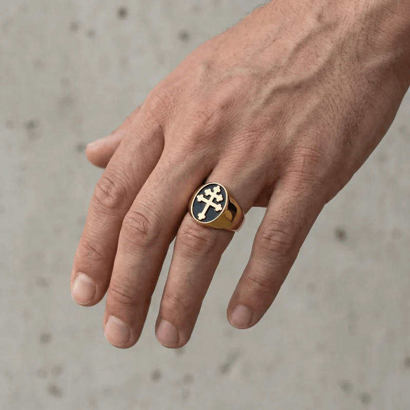 Chevalière Homme Noire Croix Templier Vintage