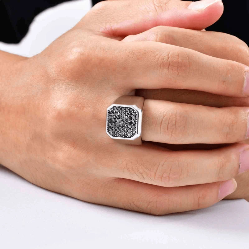 Chevalière pour Homme Luxe Pierres Noires Argent