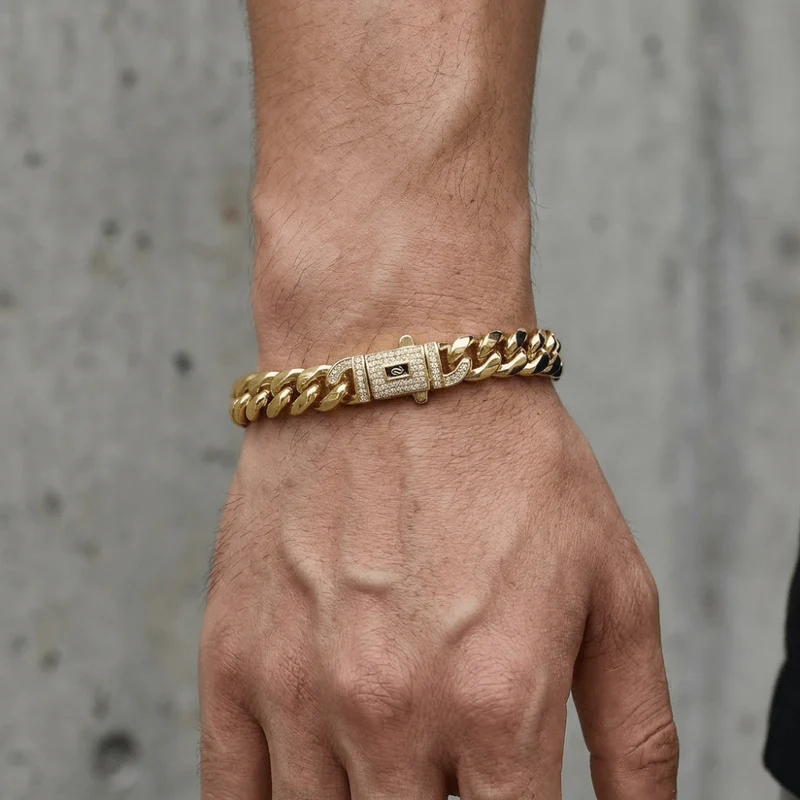 Bracelet Gourmette Homme Grosse Maille Fermoir Pavé