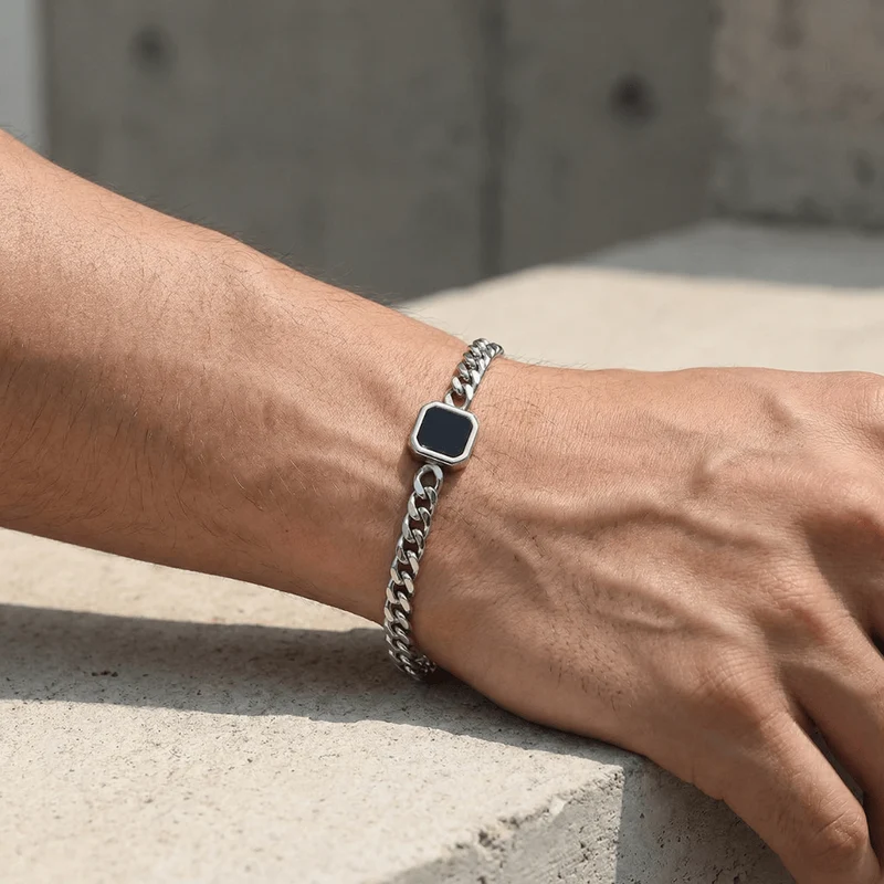 Gourmette Homme Pierre Noire Bracelet Acier Inoxydable