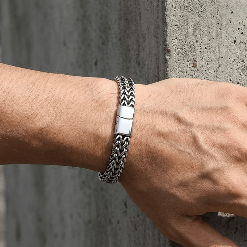 Gourmette Homme Moderne Maille Tressée Bracelet Acier