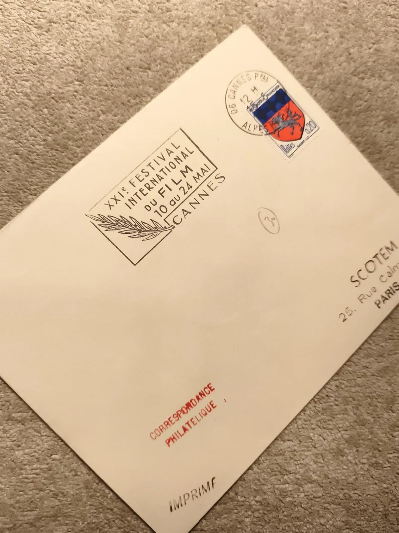 Lettre philatélique Festival Cannes 1968 oblitérée, film, timbre Alpes (Ref 11)