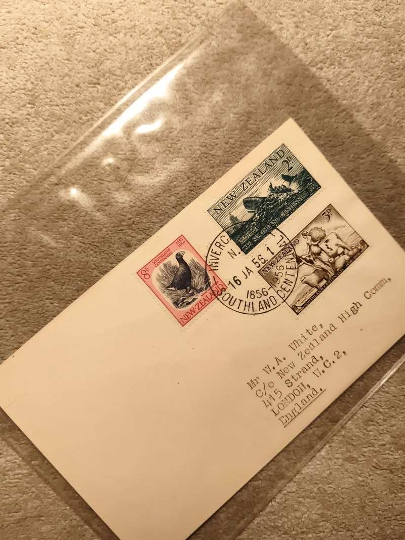 Lettre affranchie timbres Nouvelle-Zélande 1956, oblitération Southland, philaté