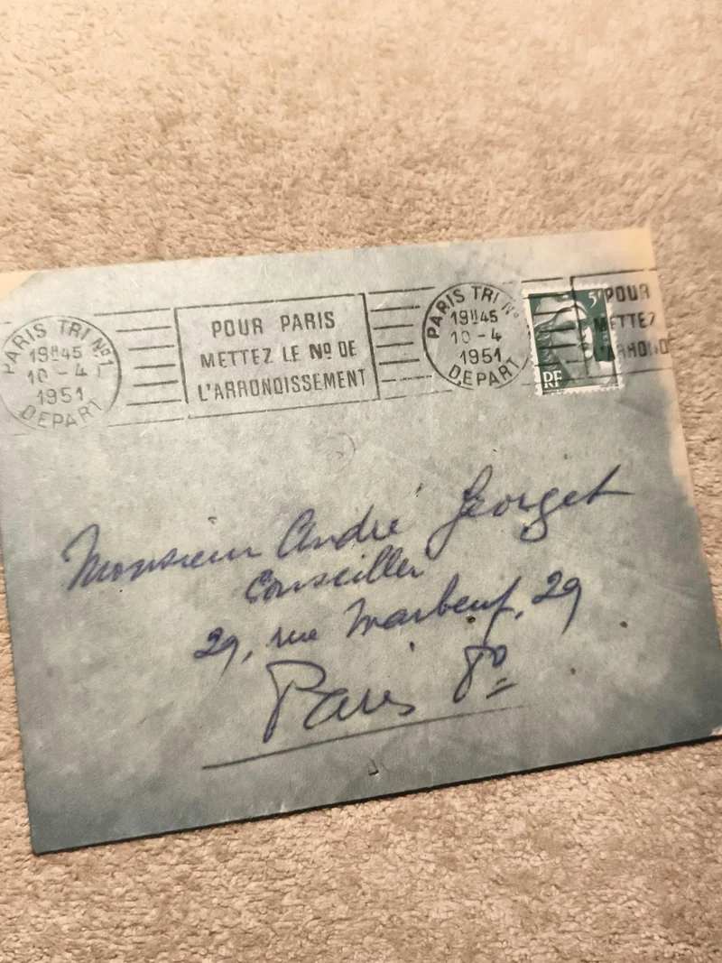 Lettre oblitérée Paris 1951 timbre RF vert philatélie courrier ancien (Ref 10)