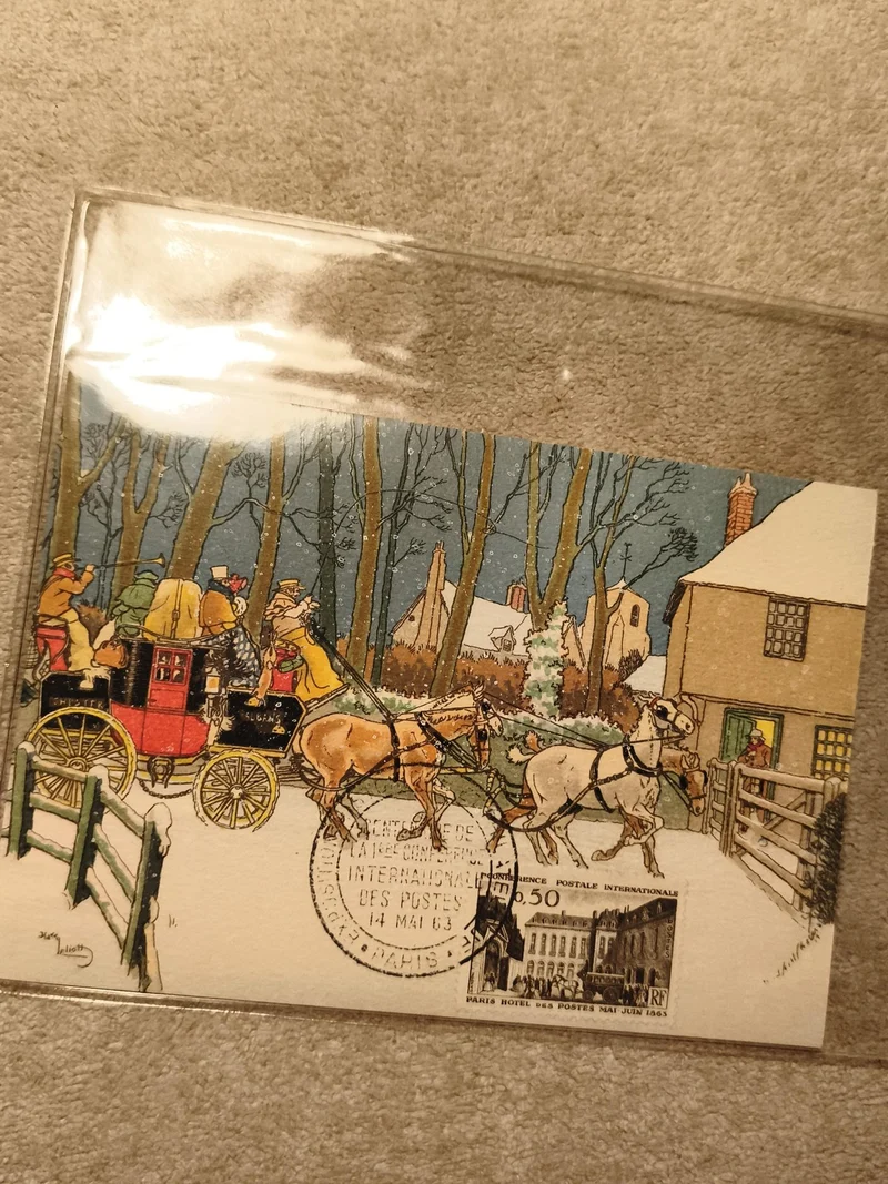 Carte postale illustrée attelages hiver + timbre Paris 1963 philatélie (Ref 10)
