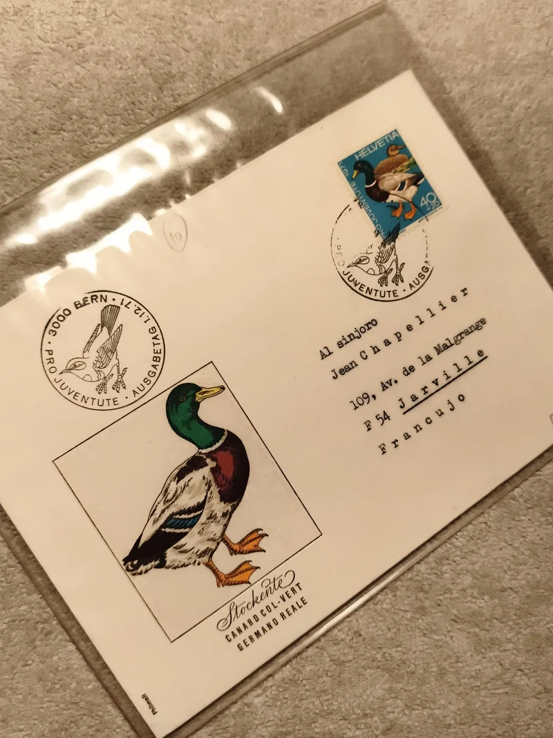 Lettre premier jour Suisse canard colvert Stockente timbre Helvetia (Ref 10)