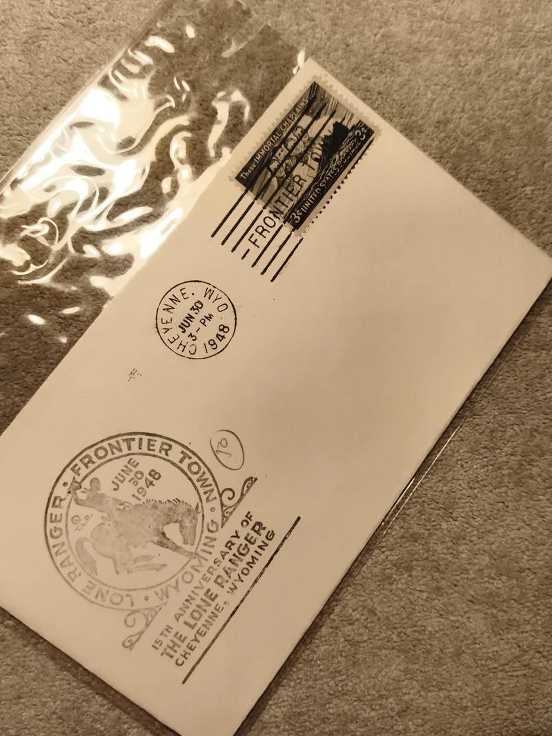 Lettre premier jour 1948 Cheyenne Frontier Town cachet Lone Ranger philatélie (R