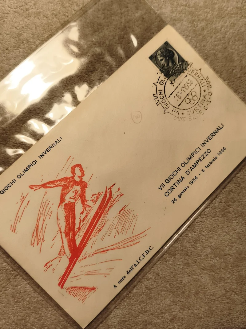 Enveloppe philatélique Jeux Olympiques 1956 Cortina d'Ampezzo ski saut, oblitéra