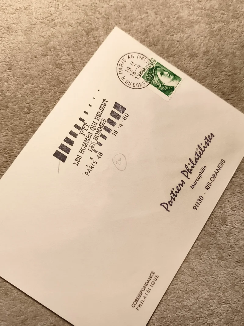 Lettre philatélique oblitérée Paris 1980 Marianne verte PTT macrophilie (Ref 9)