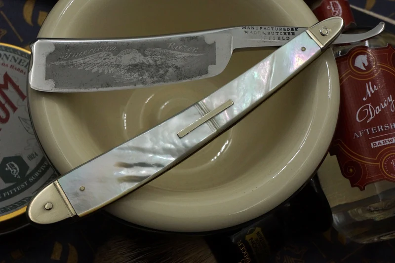 Wade & Butcher "American Razor" 7/8 - Patriotic Eagle Etch Fully Restored Mother of Pearl Scaled Sheffield Straight Razor - Shave Ready