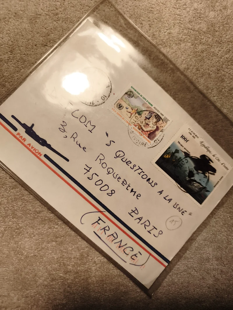 Lettre affranchie Côte d'Ivoire timbres 100F avion, oblitération, philatélie