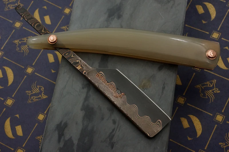 Griffith 18mm Copper & Bronze Damascus San Mai Folding Kamisori with Horn Scales Artisan Razor