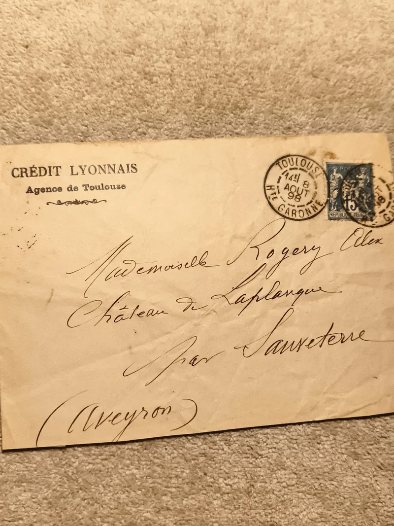 Lettre ancienne Crédit Lyonnais Toulouse 1891 timbre 15c République France