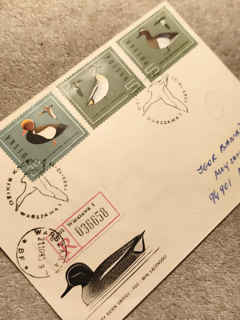 Lettre FDC Pologne oiseaux timbres 1975 affranchis canard Warszawa philatélie