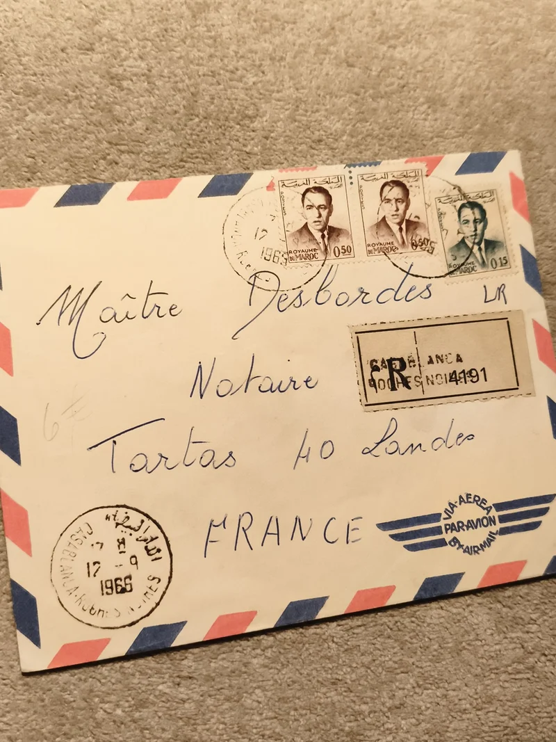 Lettre avion Maroc 1966 affranchissement timbres, cachets Casablanca France