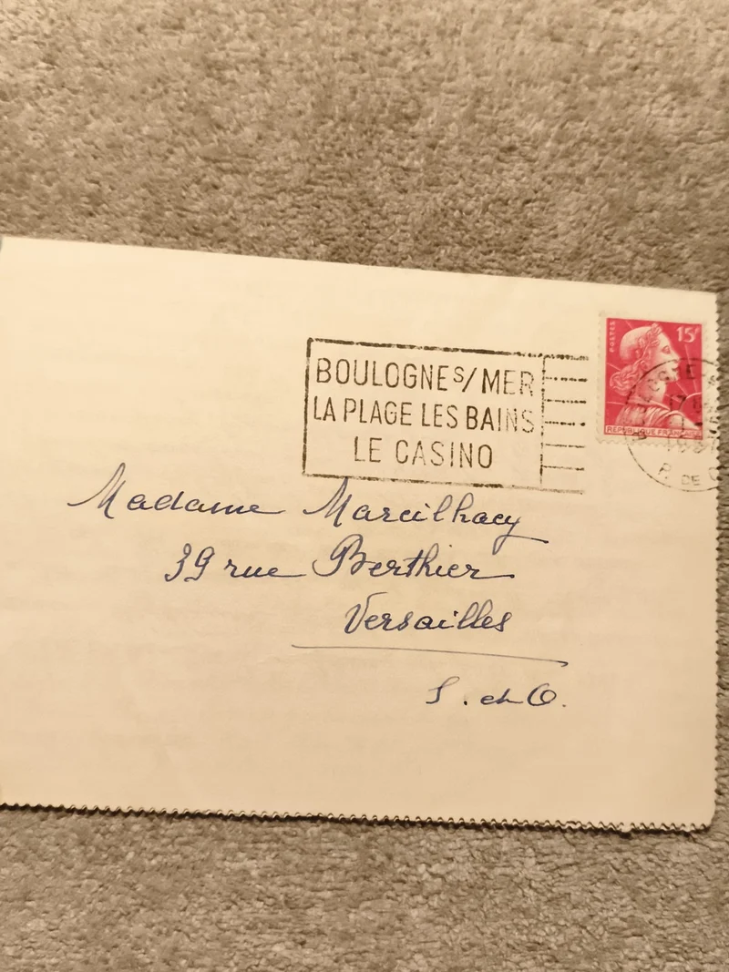Lettre oblitérée Boulogne-sur-Mer 15c Marianne timbre rouge philatélie (Ref 27)