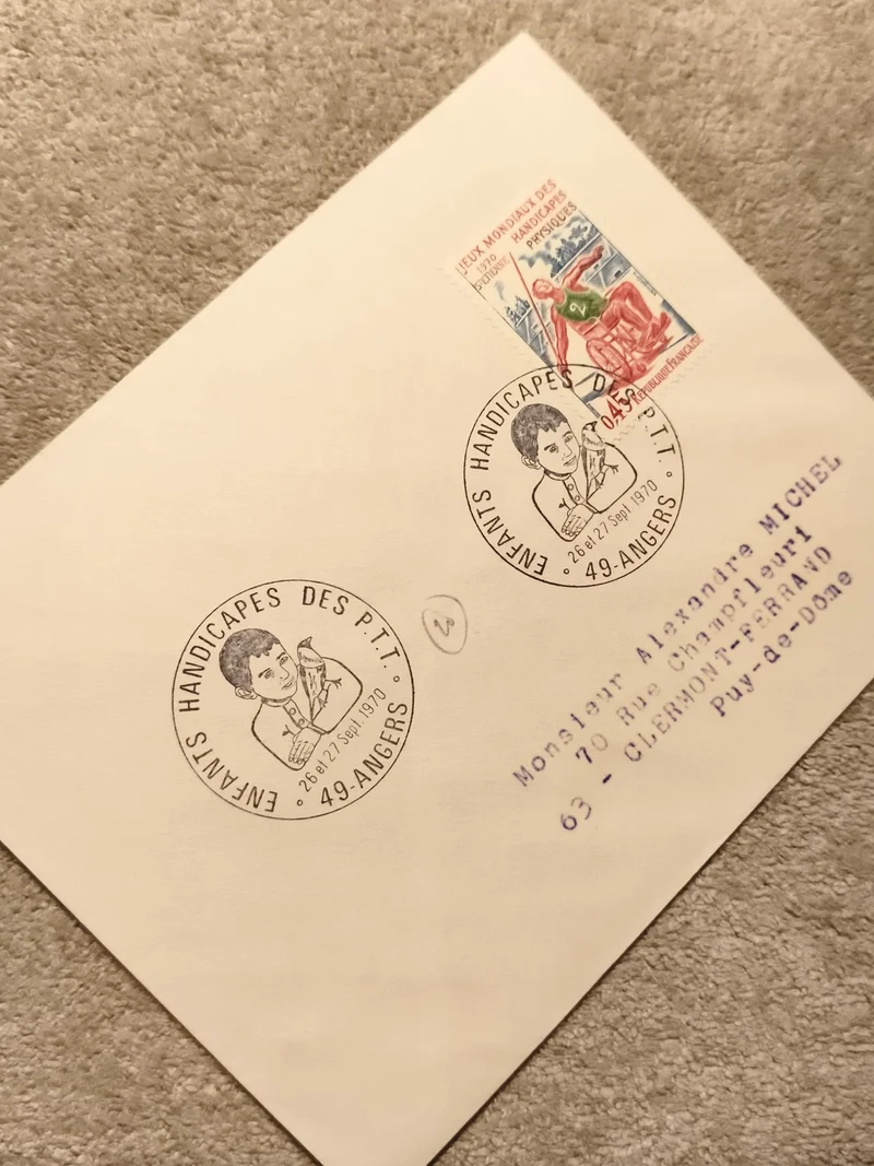 Lettre 1er jour Jeux Mondiaux Handicapés 1970 Angers oblitération philatélie