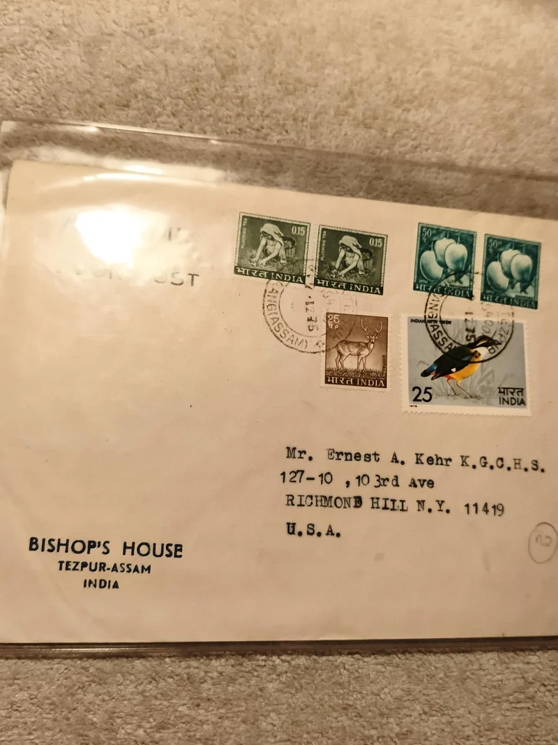 Lettre affranchie Inde Bishop’s House Assam 5 timbres animaux fruits (Ref 27)