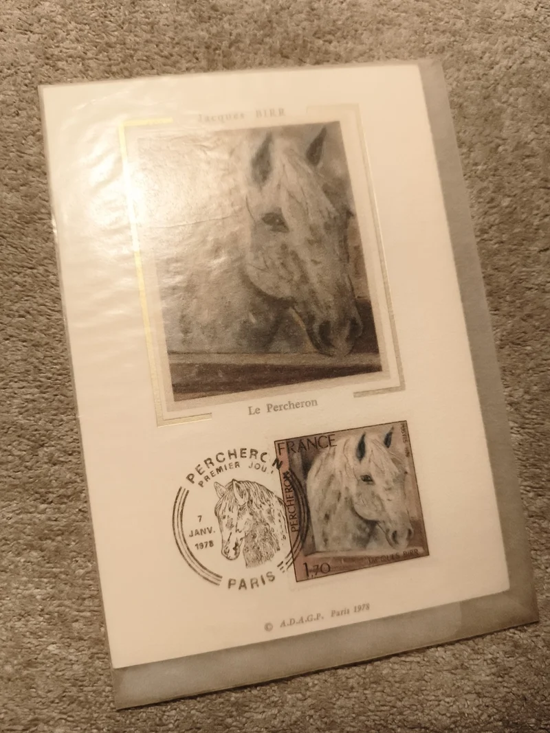 Timbre France Le Percheron 1978 FDC cheval Jacques Birr oblitération Paris