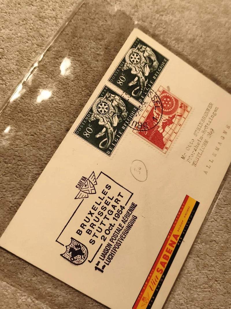 Lettre philatélique Belgique 1954 Sabena Bruxelles Stuttgart affranchie cachets
