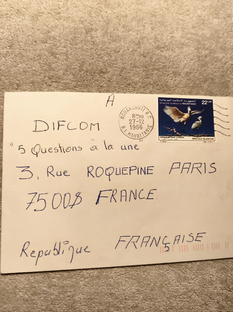 Lettre affranchie Mauritanie 1986, timbre Spatule Blanche, cachet Nouakchott