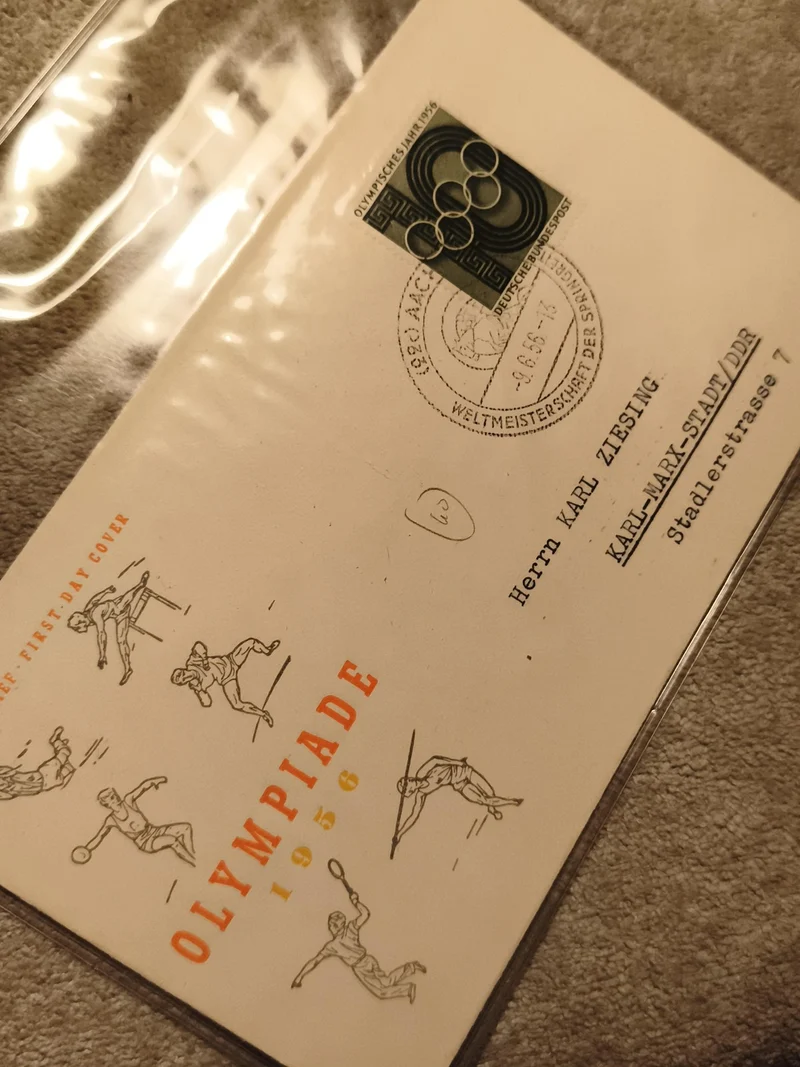 Lettre premier jour Olympiade 1956 timbre Allemagne DDR sport philatélie (Ref 27