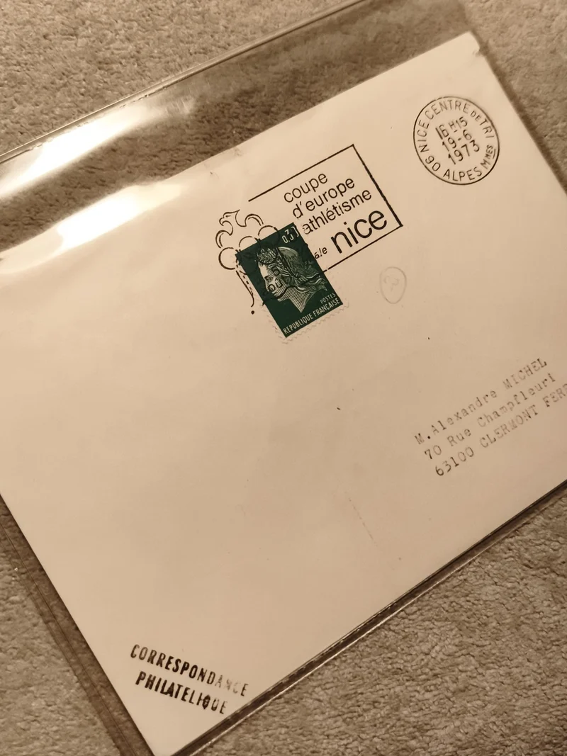 Lettre philatélique Coupe d’Europe Athlétisme Nice 1973 oblitération timbre Fran