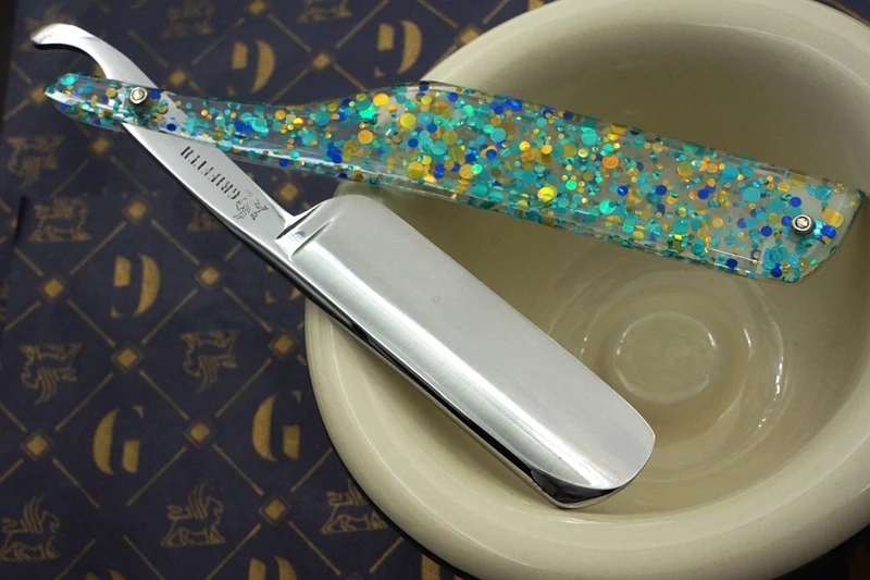 Griffith 7/8 Silver Steel Full Hollow Blade - Teal Dots and Glitter Acrylic Scales Artisan Straight Razor - Shave Ready