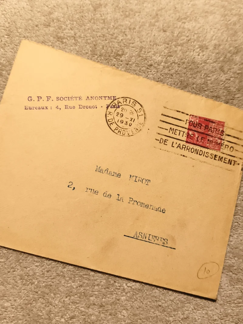Lettre oblitérée Paris 1930 GPF Société Anonyme timbre rouge philatélie (Ref 27)