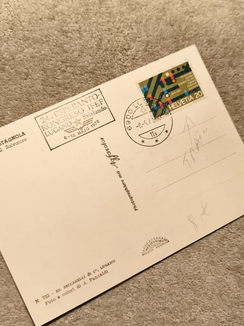 Carte postale Suisse 1972 Esperanto Lugano cachet Helvetia 20 timbre philatélie