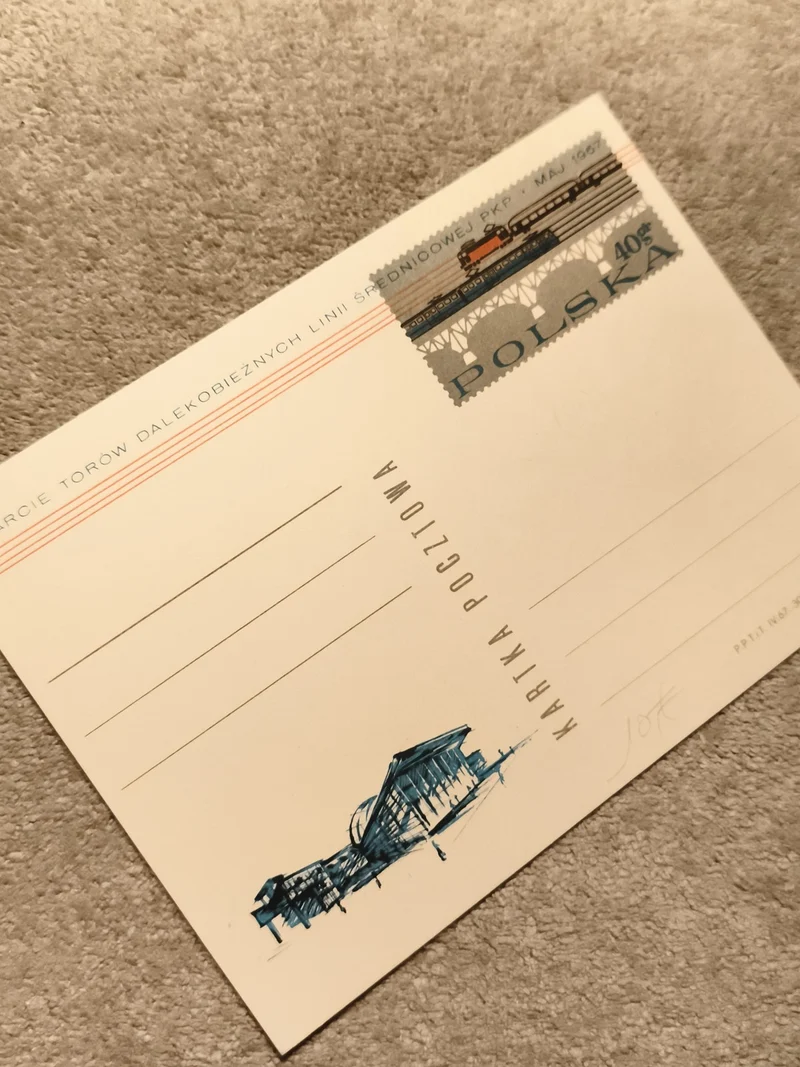 Carte postale illustrée Pologne PKP train timbre 40gr philatélie (Ref 27)
