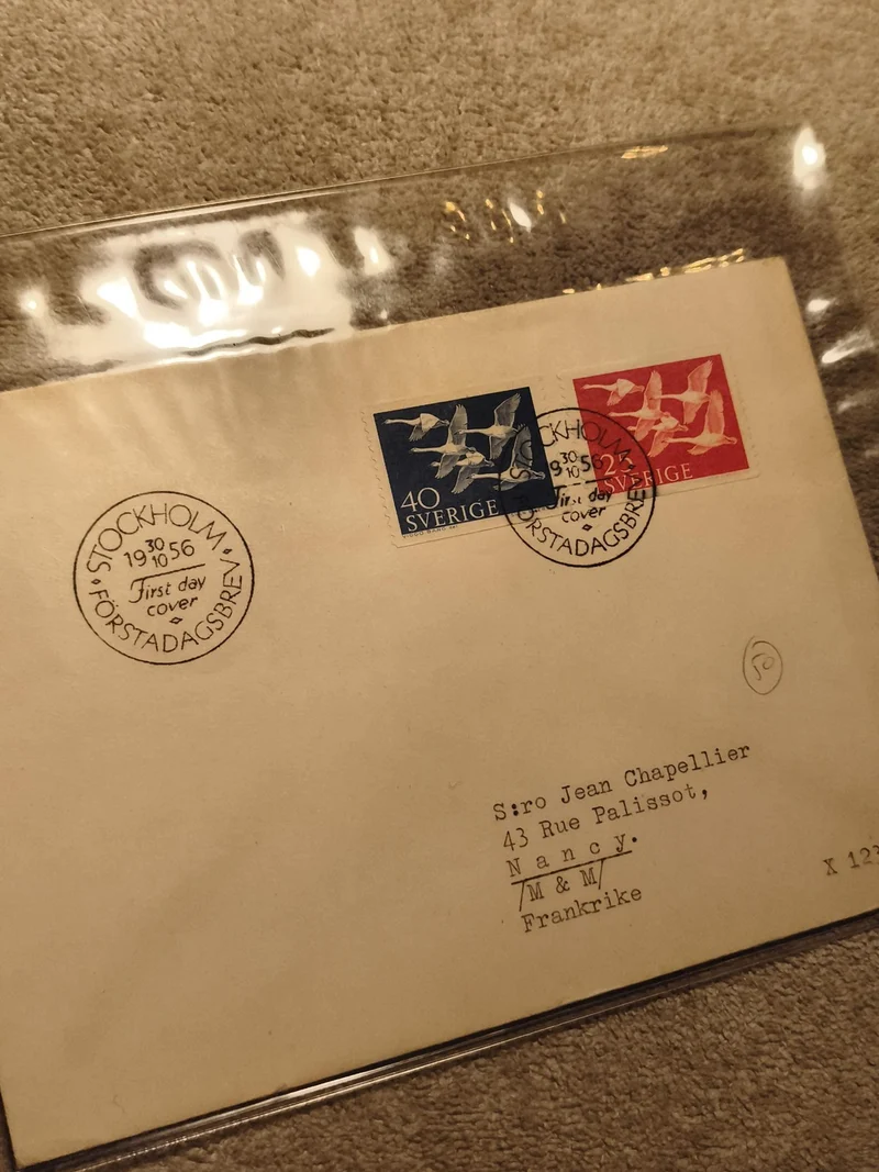 Lettre FDC Suède 1956 timbres oiseaux, Stockholm, philatélie, Förstadagsbrev