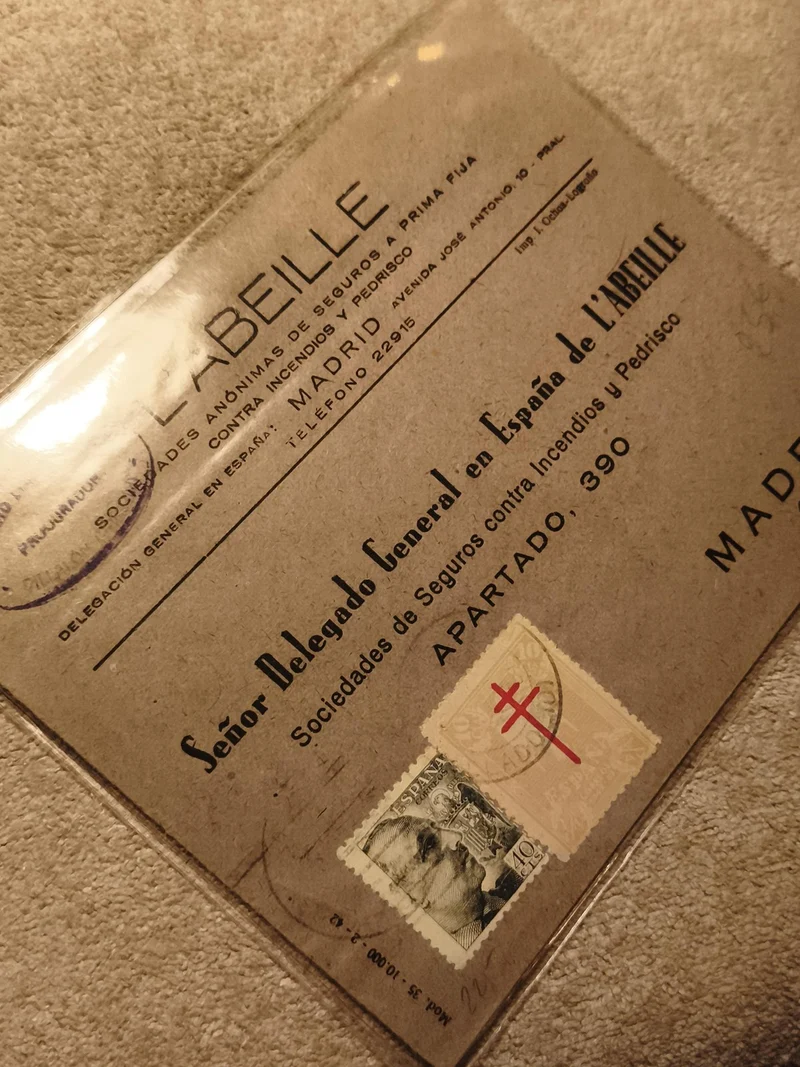 Lettre ancienne Espagne L'Abeille Madrid timbres Franco philatélie assurance (Re