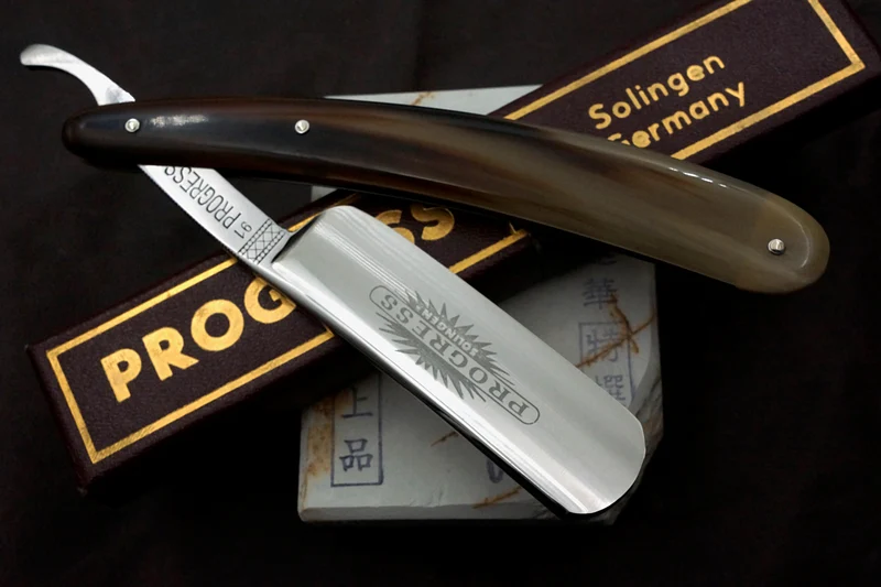 "Progress" - NOS 15/16 Full Hollow Blade - Horn Scales Vintage Solingen Straight Razor - Shave Ready