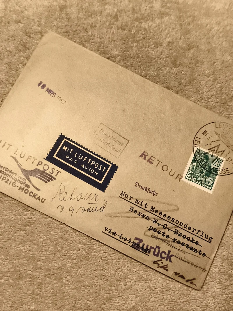 Lettre philatélique DDR 1957 Leipzig, timbre 25pf, cachets RETOUR Luftpost (Ref