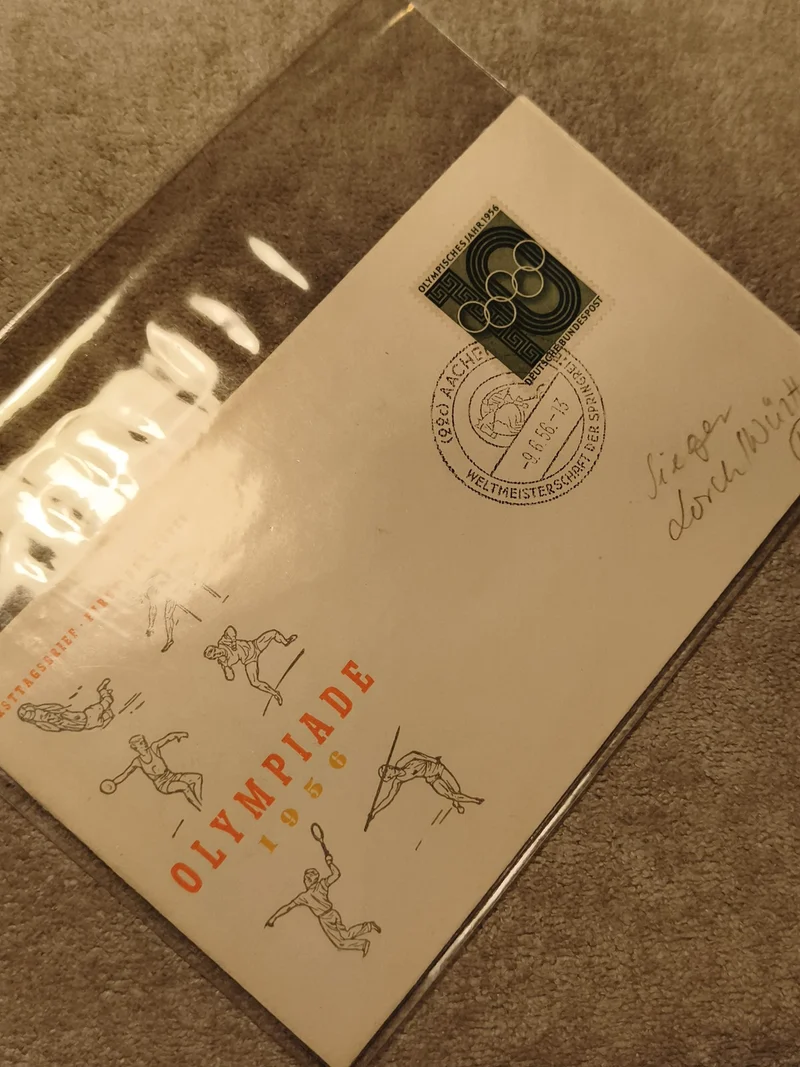 Lettre philatélique Olympiade 1956 timbre Allemagne sport cachet Aachen (Ref 27)