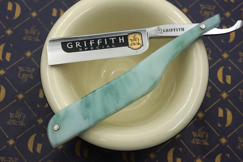 Griffith 13/16 Silver Steel Full Hollow Etched Blade - Emerald Quartz Acrylic Scales Artisan Straight Razor - Shave Ready