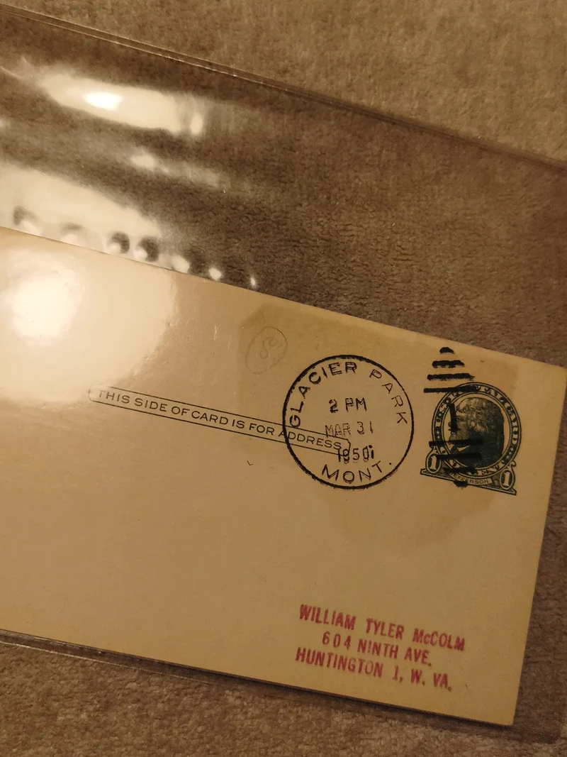 Carte postale oblitérée Glacier Park 1950 timbre USA Montana philatélie (Ref 27)
