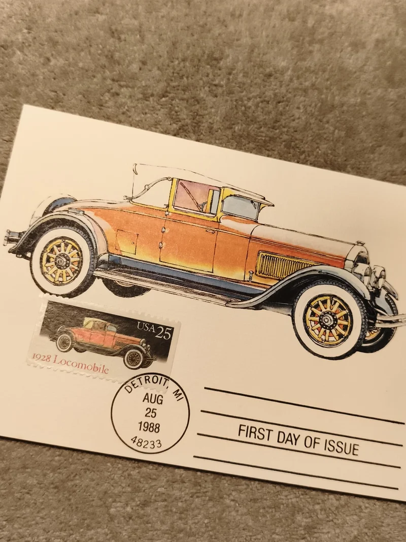 Carte premier jour 1988 USA Locomobile 1928 timbre 25c Detroit Philatélie auto
