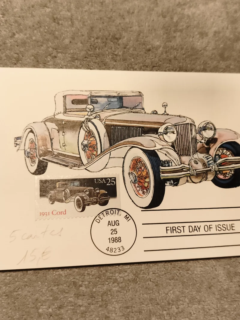 Carte premier jour 1988 Detroit 1931 Cord timbre USA 25c philatélie auto